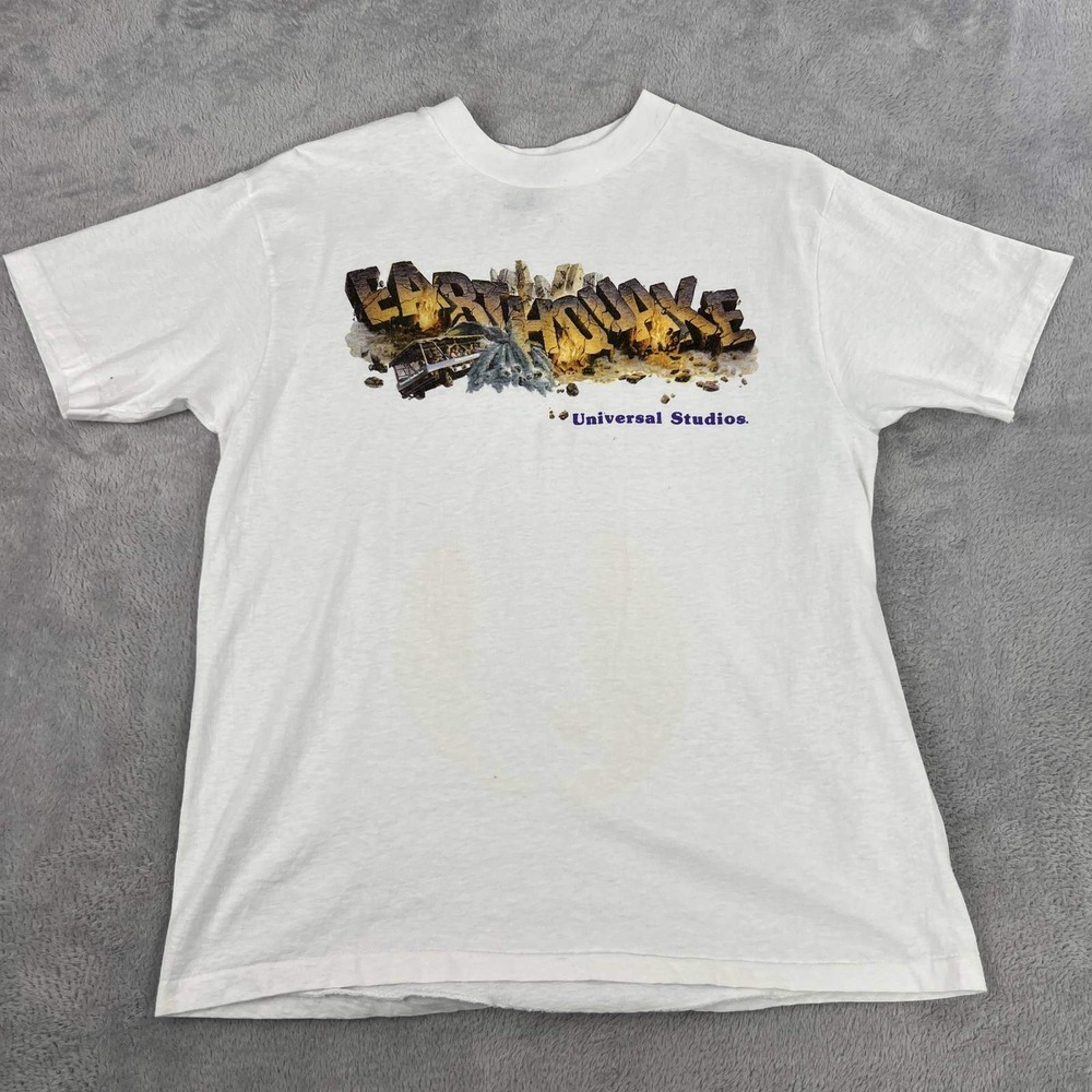 Vtg Universal Studios Earthquake T-Shirt White Hanes USA 90s Movie Single Stich
